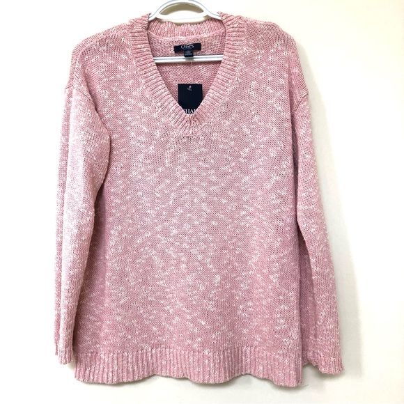 Light V-neck Sweater Marled ~ Pink & Ivory ~ Chaps ~ Cotton ~ Medium ~NWT - Picture 1 of 8